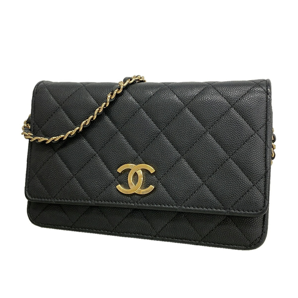 Chanel Matelassé Chain Shoulder Wallet, Caviar Leather, Black/Champagne, Wome...
